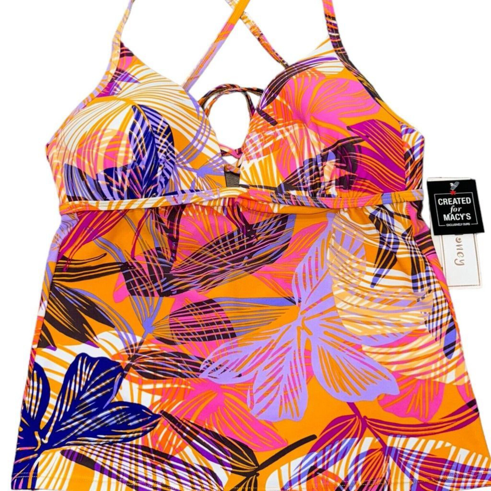 Hula Honey Macy’s Multicolor Swim Top Large (L) Floral Orange Tank Bathing suit